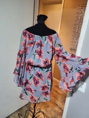 Hint of Blush Floral Off-the-Shoulder Dress with Ruffle Tiered Bell Sleeves